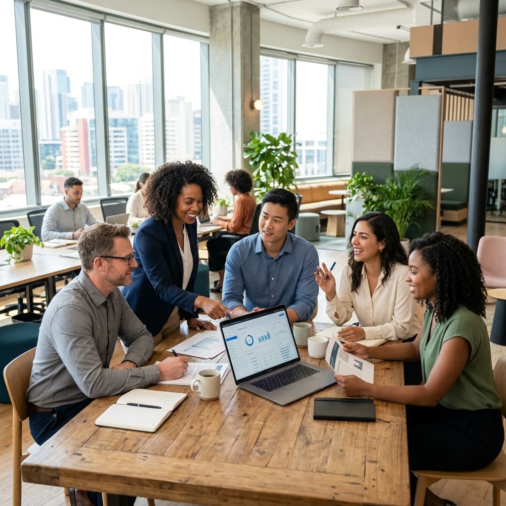 Team collaborating in a bright office