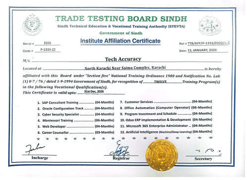 Trade Testing Board Sindh Institute Affiliation Certificate